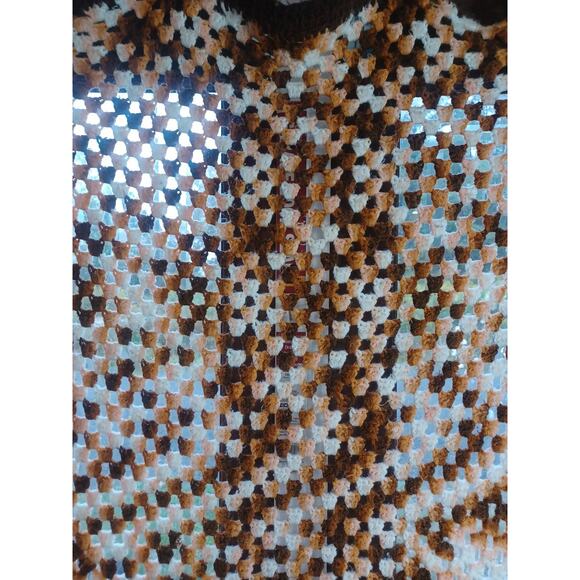 Handmade Crocheted Popcorn Stitch Brown White & Tan Blanket Unique Warm Beauty - Picture 3 of 9